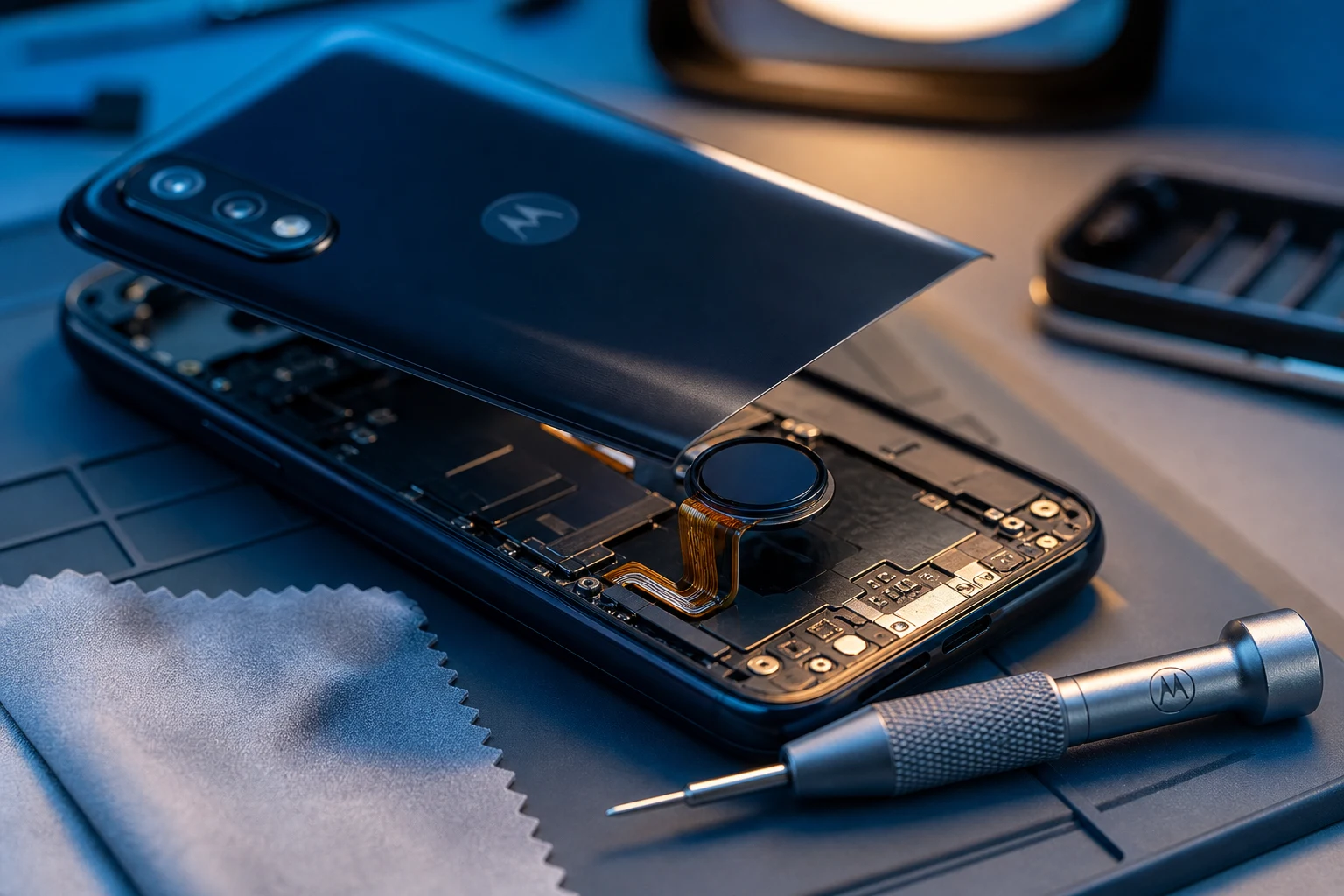 Motorola smartphone en banco de reparación con huellas visibles claras