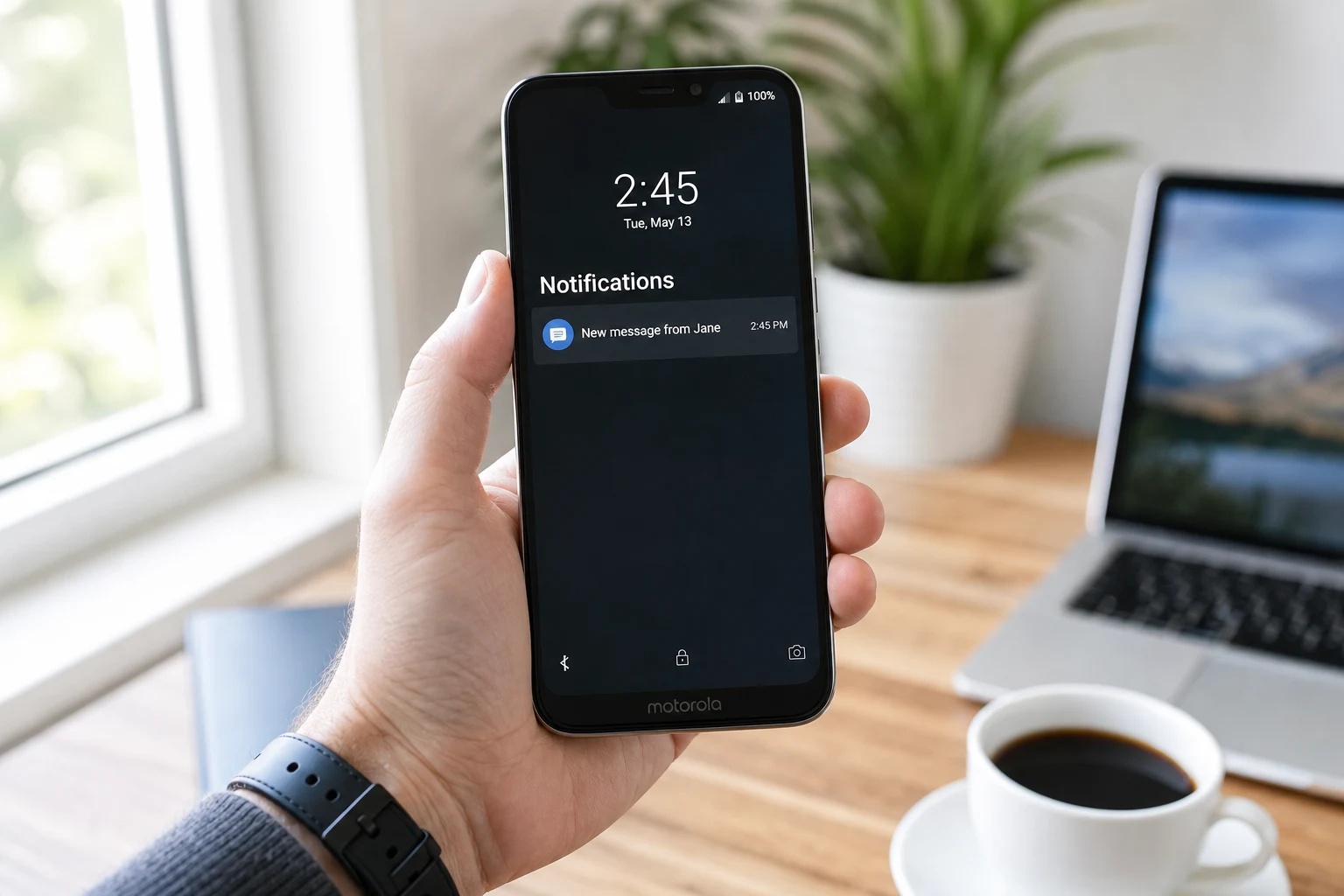Motorola teléfono Android mostrando pantalla de bloqueo con notificación Jane