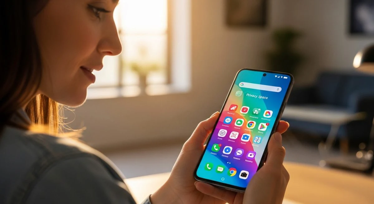 Mujer joven usando smartphone con interfaz Android 15 en oficina