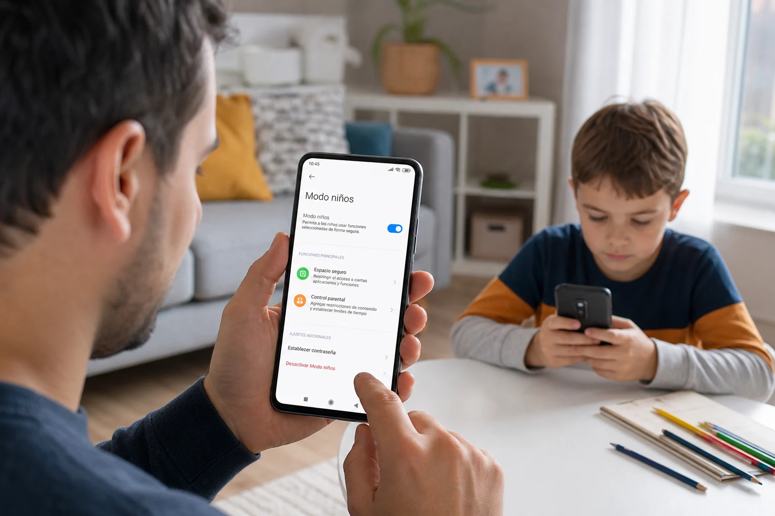 Padre configurando modo niños en smartphone Xiaomi junto a su hijo supervisado