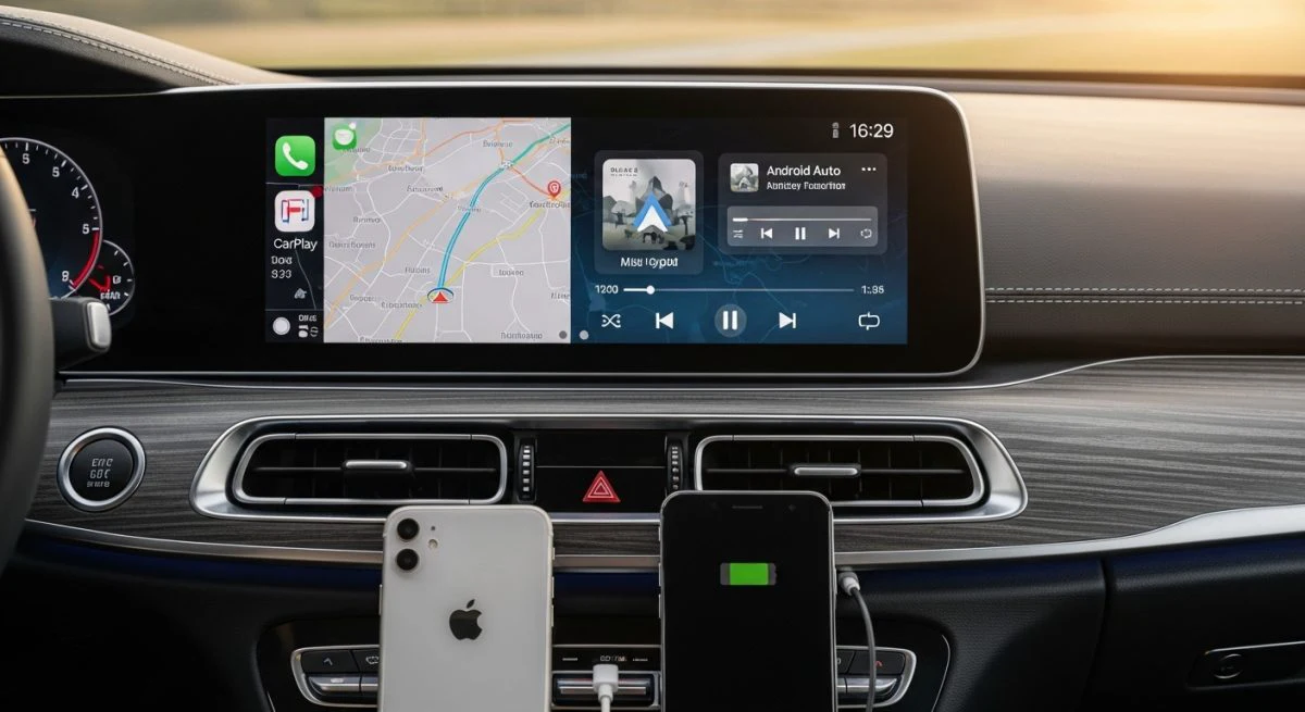 Pantalla central del coche mostrando Apple CarPlay y Android Auto