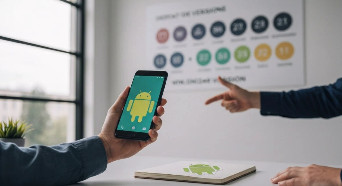 Periodista tecnológico sostiene Android smartphone en estudio iluminado con infografía