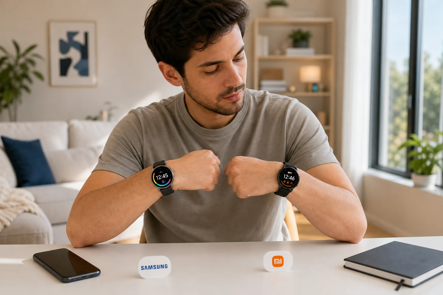Persona compara Samsung Galaxy Watch y Xiaomi Watch en escritorio