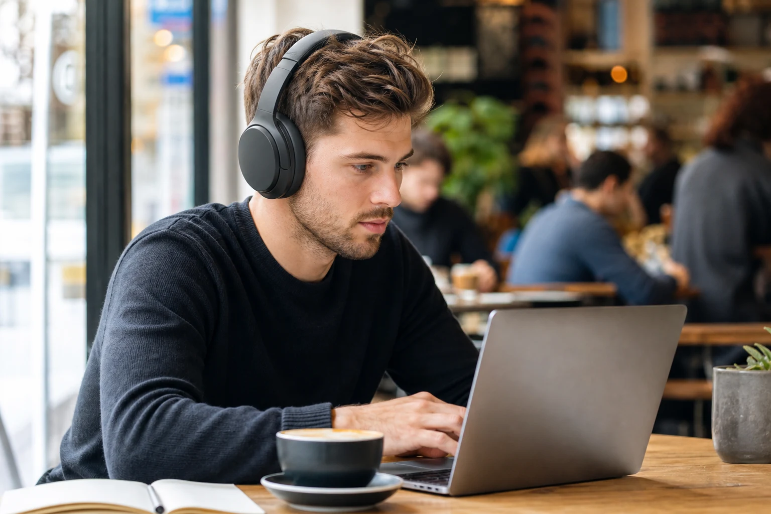 Persona con auriculares circumaurales en cafe enfocado en portátil central