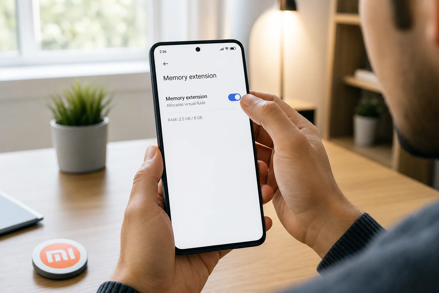 Persona con Xiaomi sostiene teléfono activo Memory Extension en MIUI