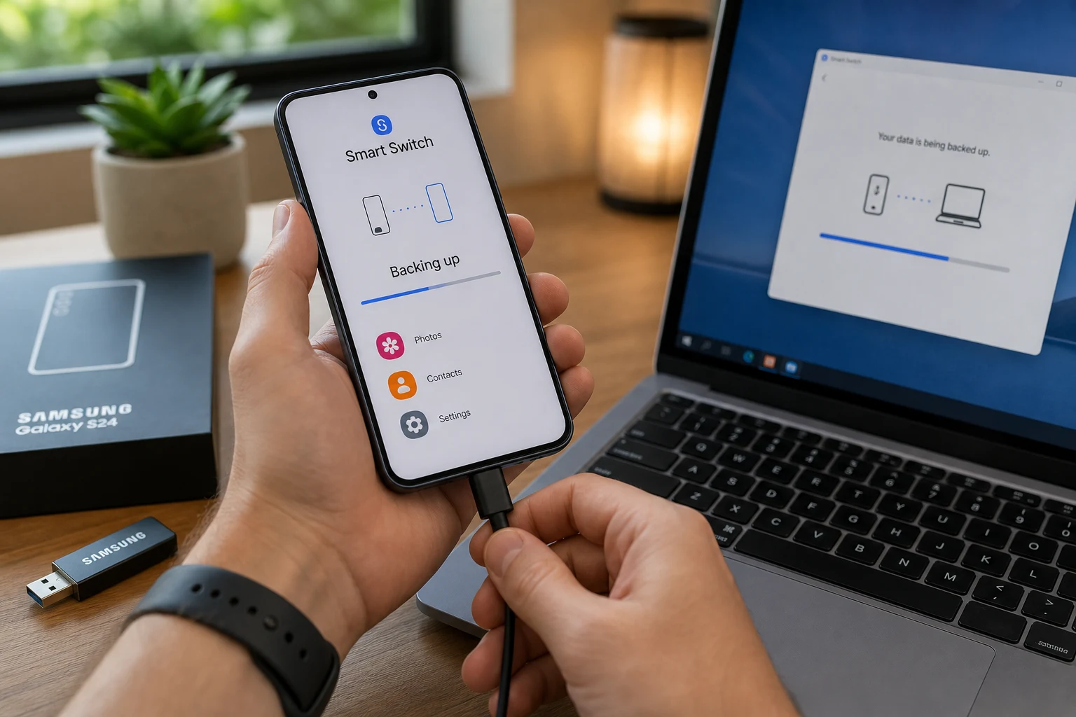 Persona conectando smartphone Samsung al portátil para respaldar datos con Smart Switch