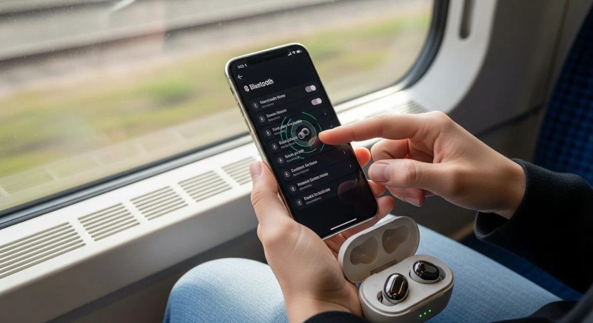 persona conectando sus auriculares bluetooth a su smartphone