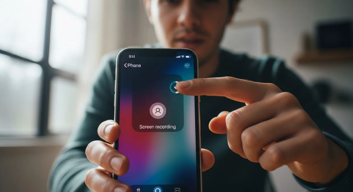 Persona configurando grabación de pantalla en iPhone en oficina moderna
