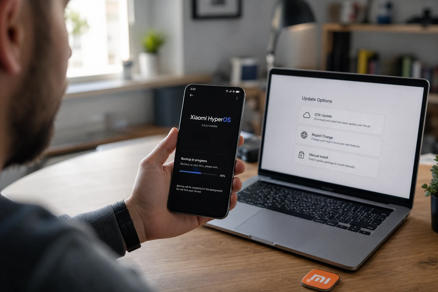 Persona en oficina actualiza Xiaomi HyperOS telefono con logo Mi