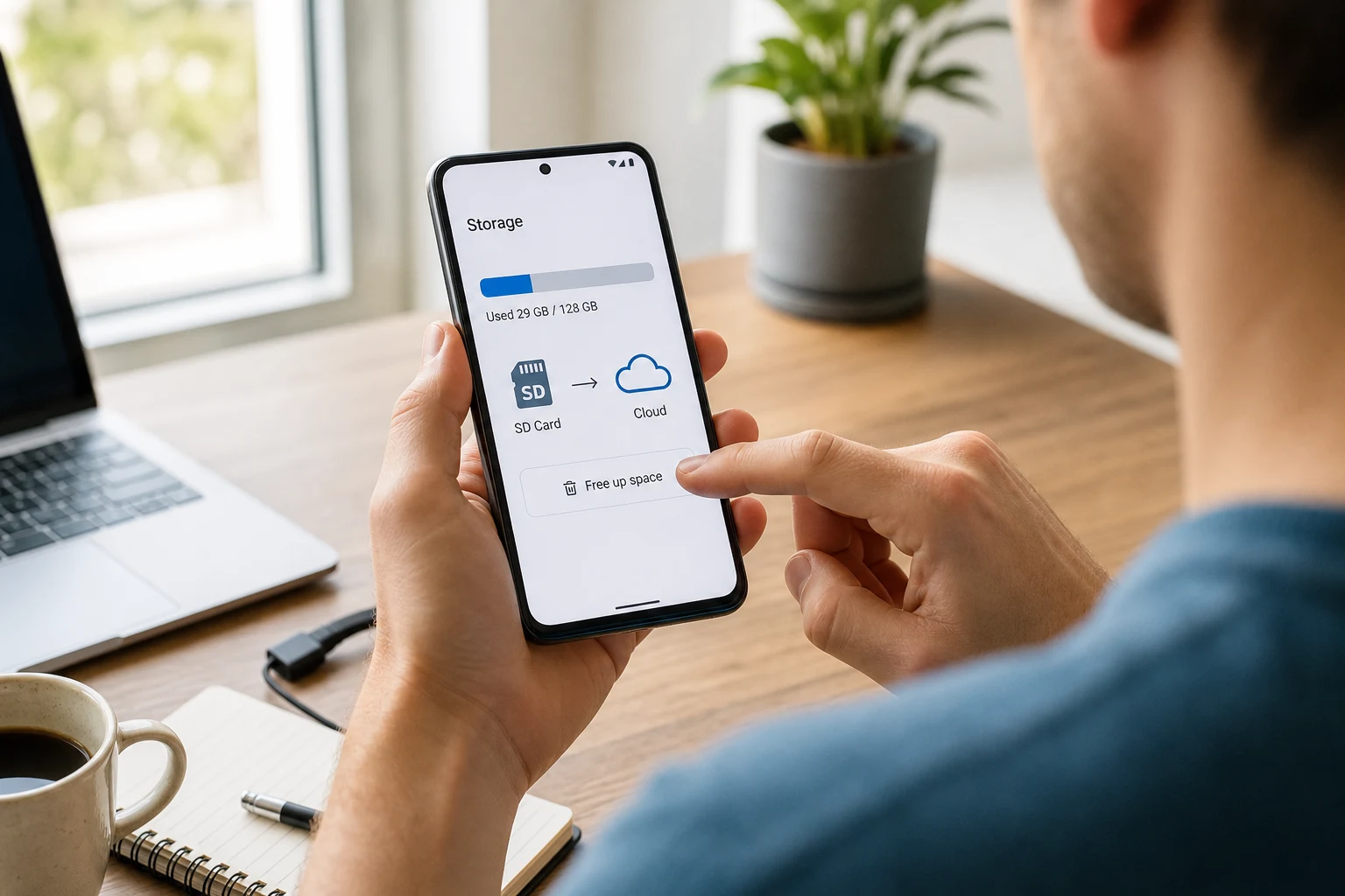 Persona en oficina hogareña usa Android para liberar almacenamiento