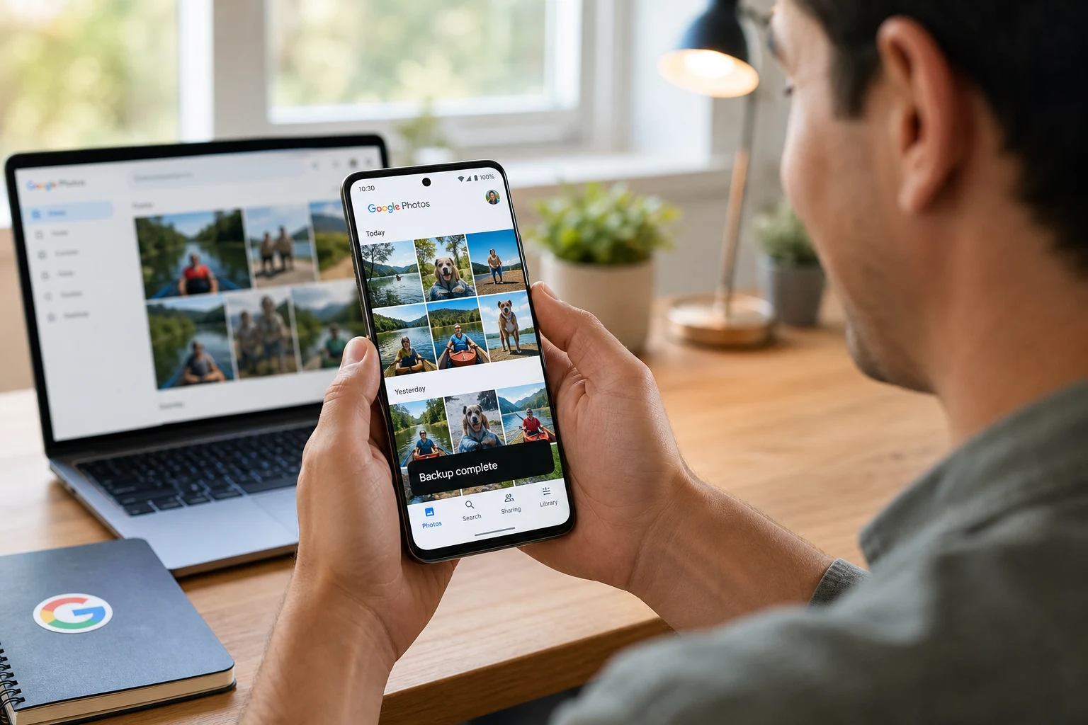 Persona en oficina verifica respaldo de fotos Google Photos Android