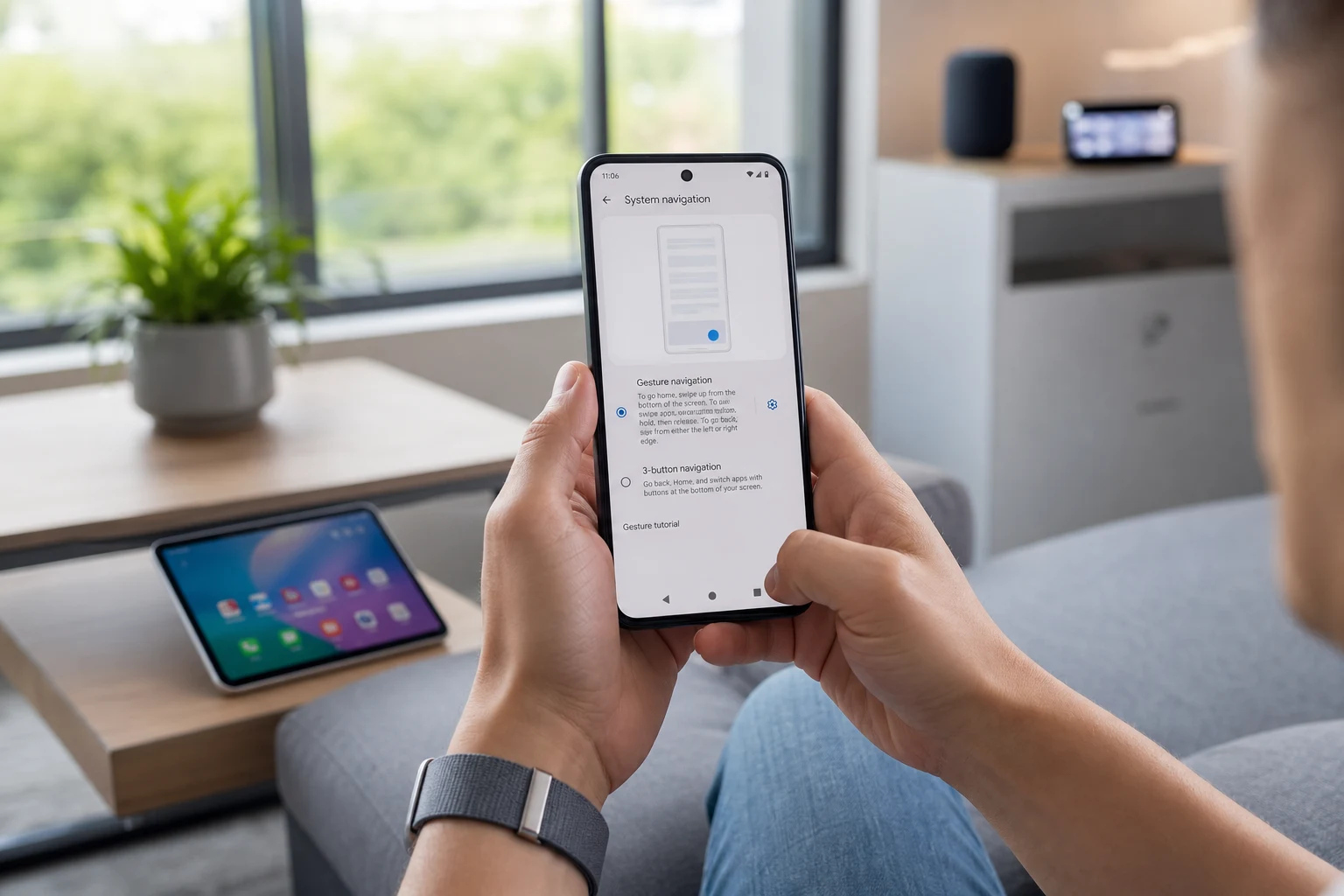 Persona en sala luminosa configura Android en smartphone con gestos