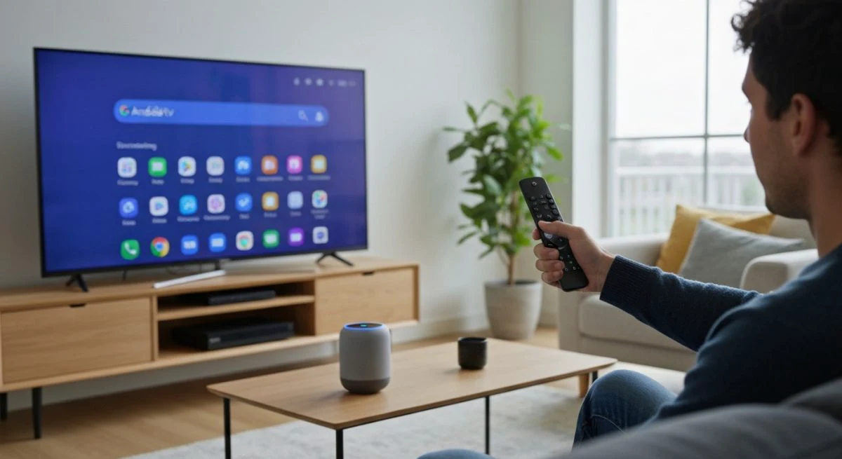 Persona en sala moderna usa Android TV y Google Assistant