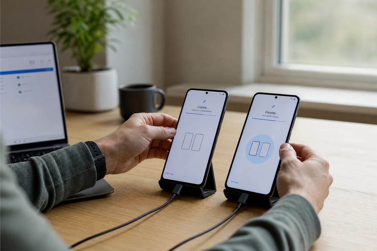 Persona migrando datos entre dos teléfonos Android durante configuración inicial