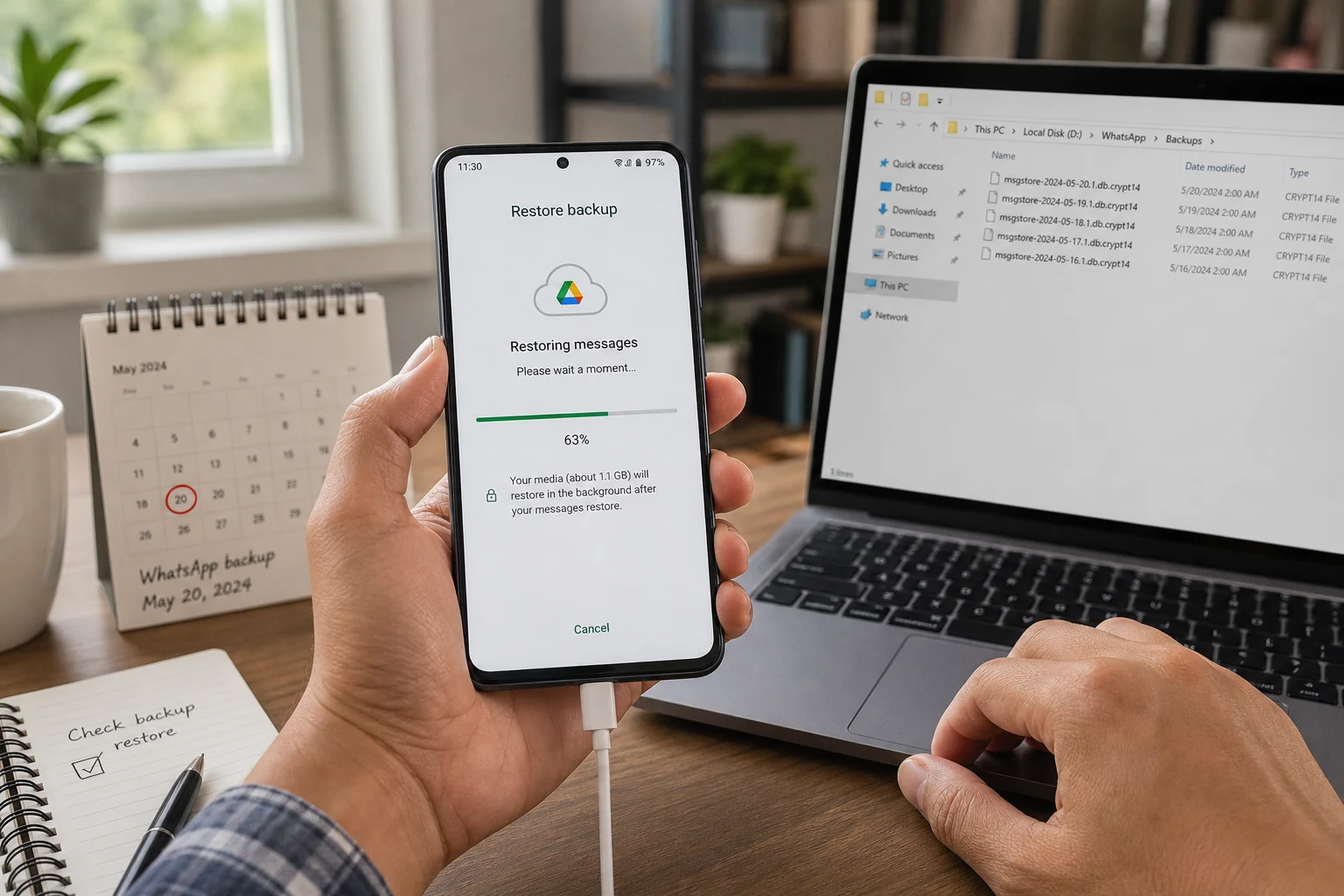 Persona restaurando copia de seguridad de WhatsApp en Android con barra de progreso visible