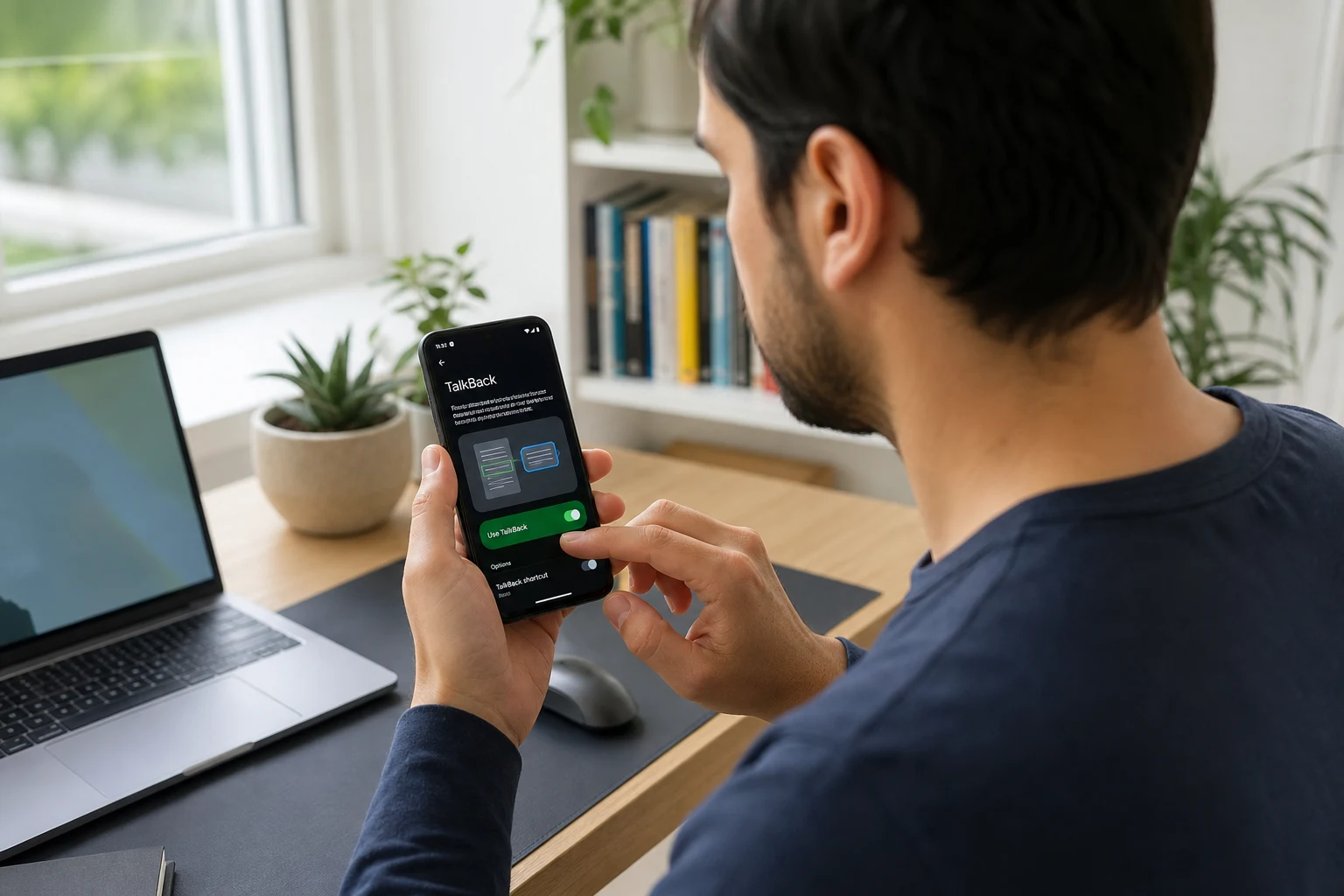 Persona sentada en un escritorio moderno usando Android con TalkBack