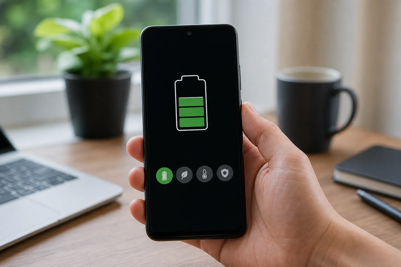 Persona sosteniendo Android smartphone mostrando iconos de batería en pantalla