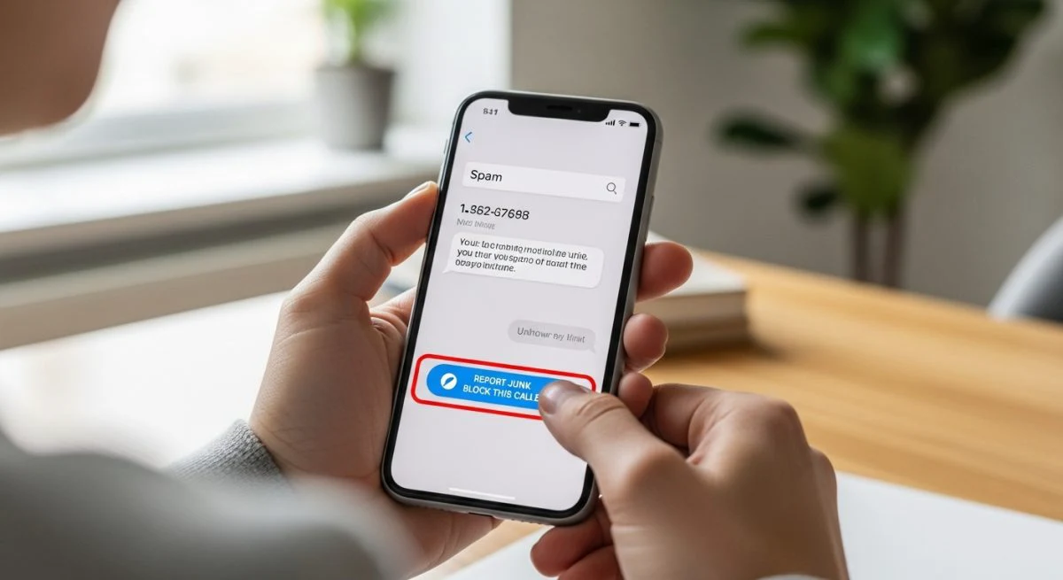 Persona sosteniendo iPhone con mensaje spam y opción bloquear visible