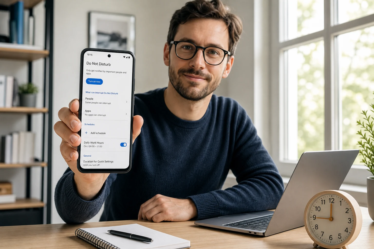 Persona sosteniendo smartphone con Android Do Not Disturb Daily Work Hours