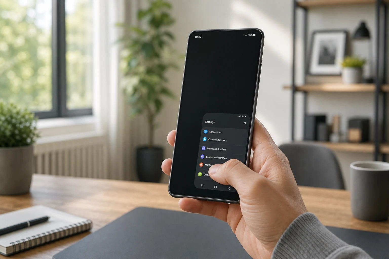 Persona sosteniendo teléfono grande sin marca en modo una mano UI