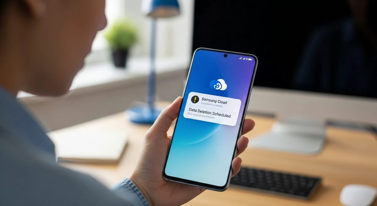 Persona sosteniendo un smartphone Samsung con expresión de preocupación