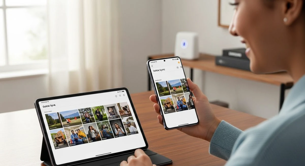 Persona sosteniendo un smartphone Samsung Galaxy mirando satisfecho a la pantalla