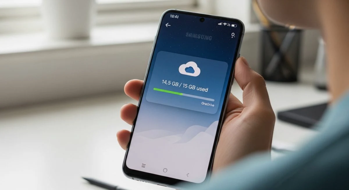 Persona sosteniendo un smartphone Samsung mostrando gestión de almacenamiento