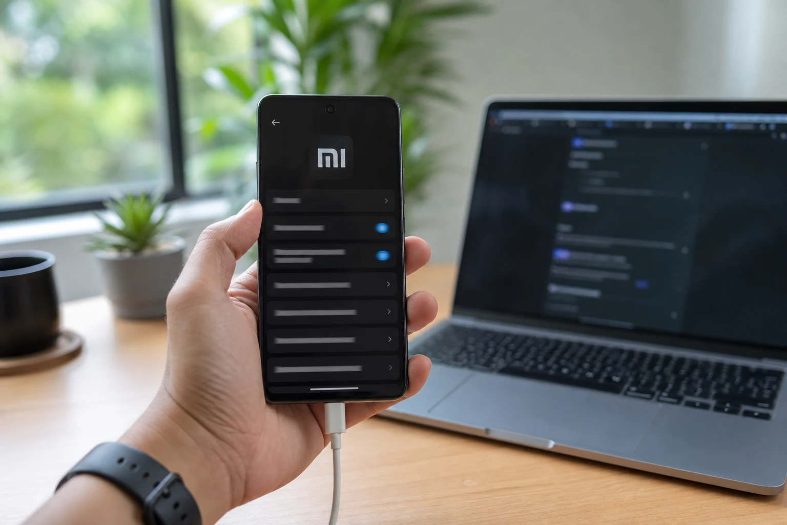 Persona sosteniendo Xiaomi teléfono con Mi logo en trabajo
