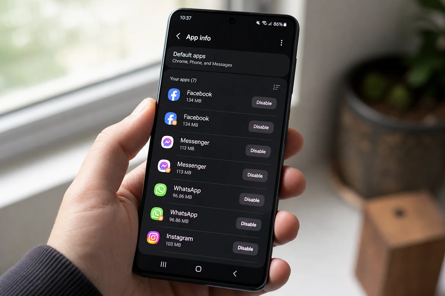 Persona sostiene un Samsung Galaxy gestionando apps duplicadas en Configuración
