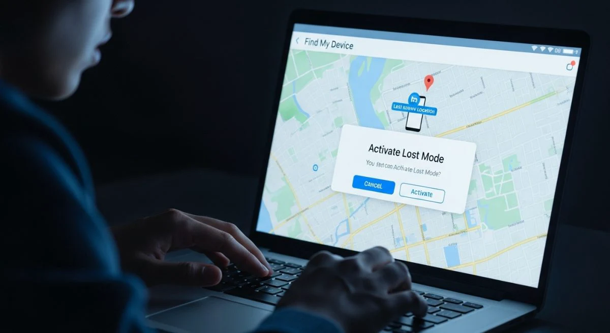 Persona tecleando urgentemente en un teclado de laptop moderna a oscuras