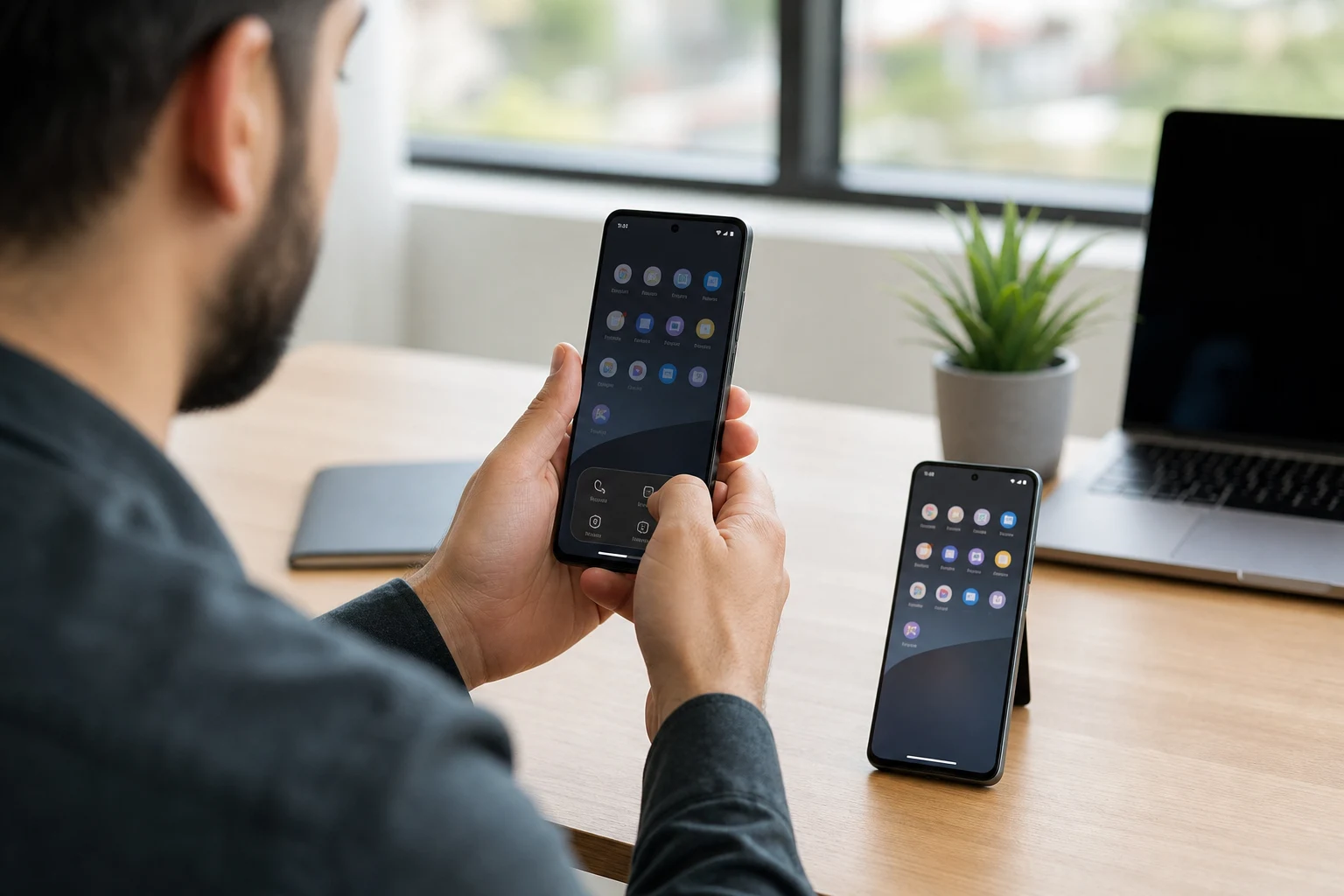 Persona tecnológica con dos teléfonos Motorola captura pantalla en escritorio