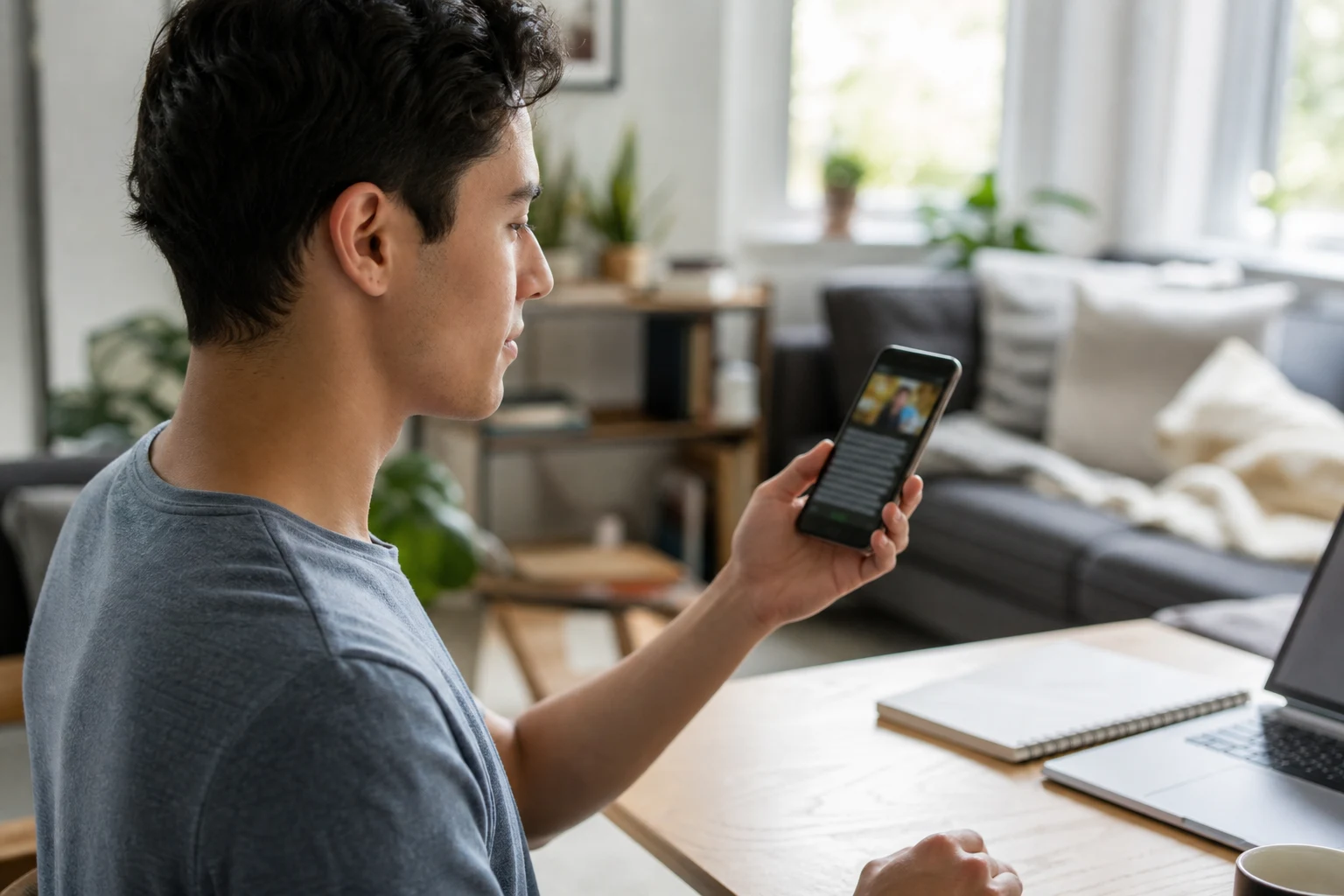 Persona usando Android para subtítulos en vivo en casa iluminada