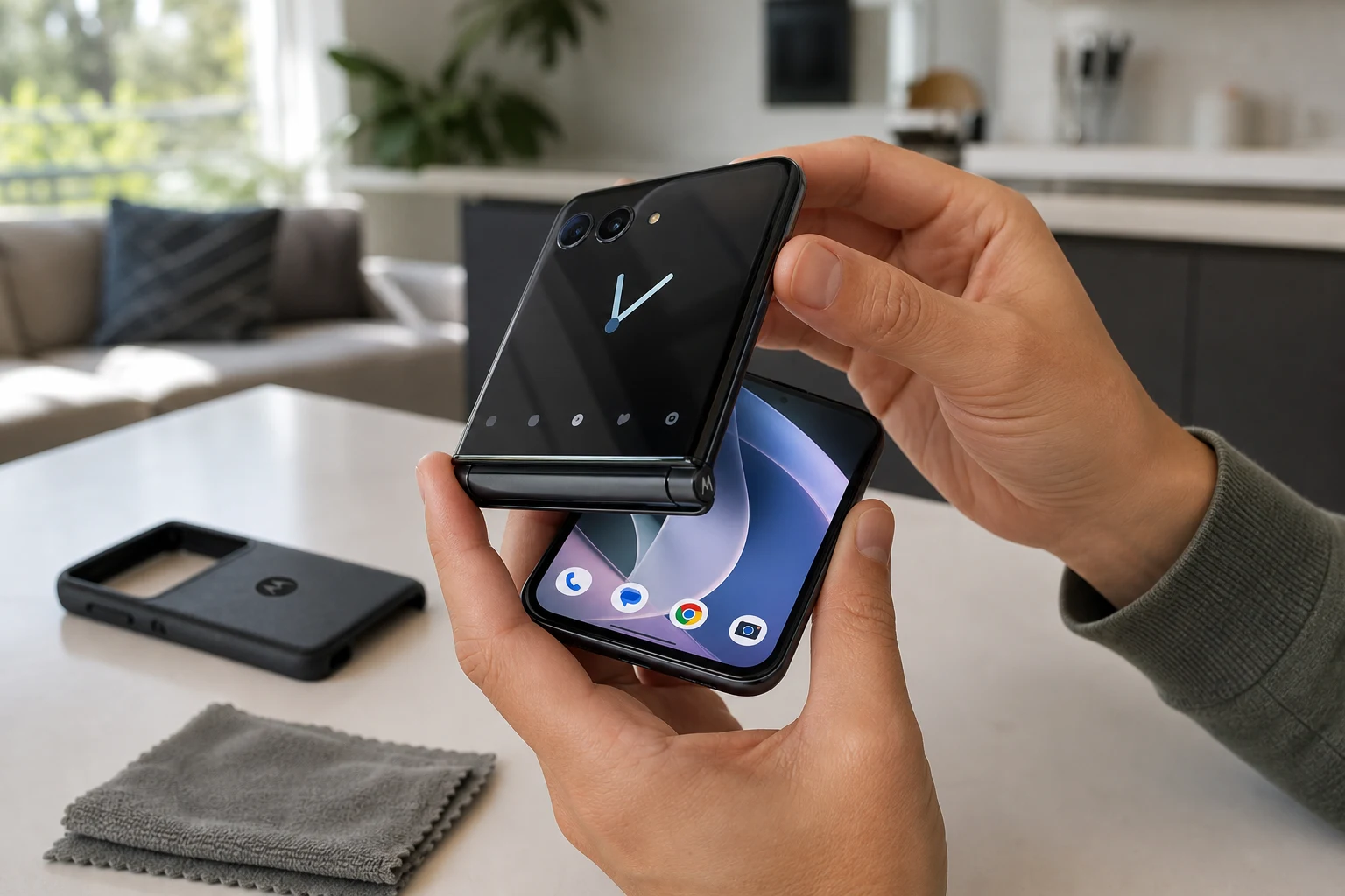 Persona usando Motorola Razr plegable con pantallas visibles en cocina moderna