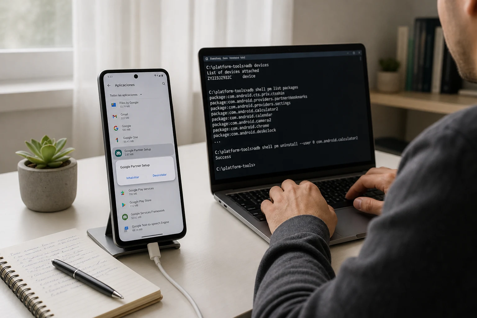 Persona usando portátil junto a smartphone mostrando ajustes Android para eliminar aplicaciones innecesarias