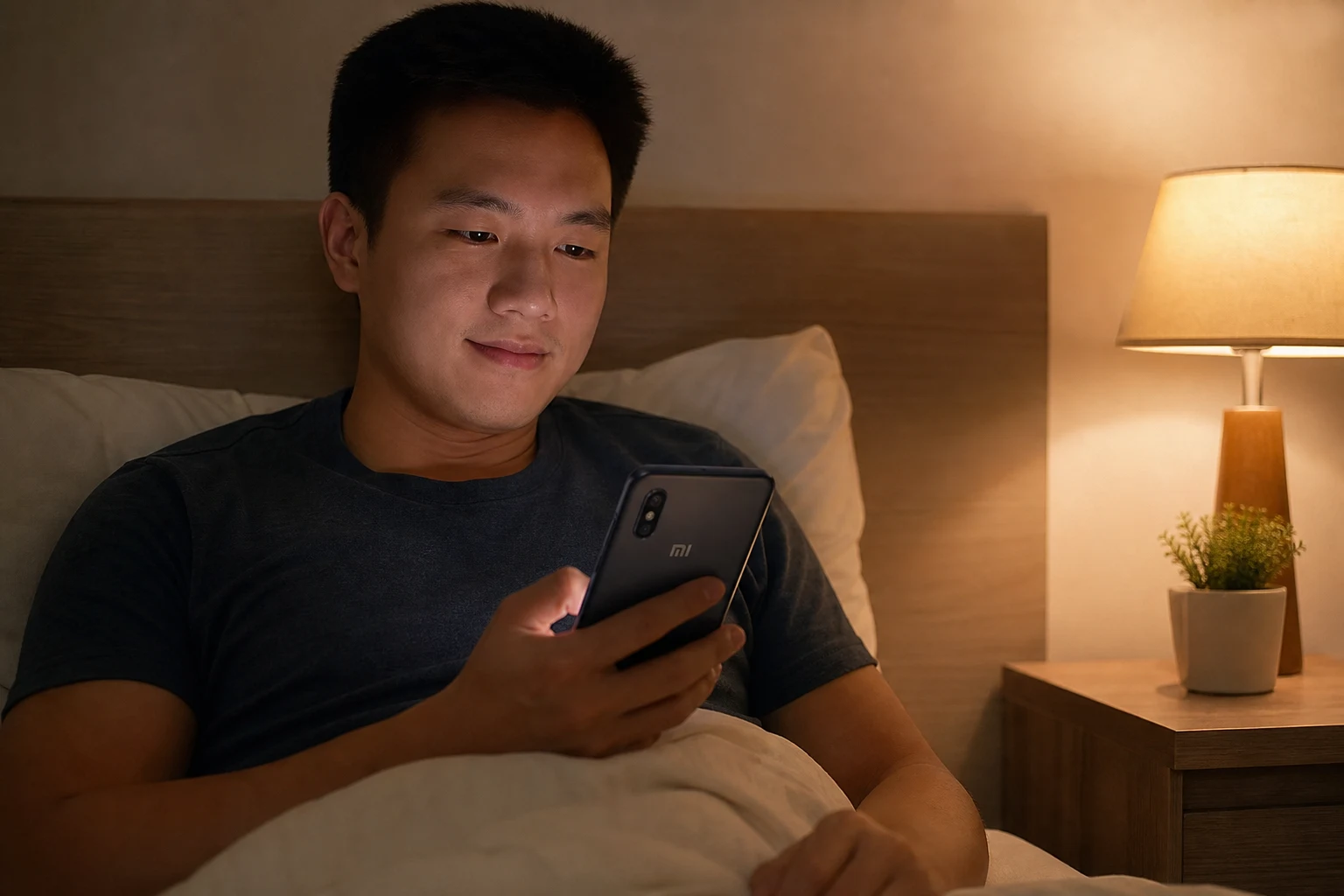 Persona usando Xiaomi con modo lectura iluminando dormitorio nocturno cálido