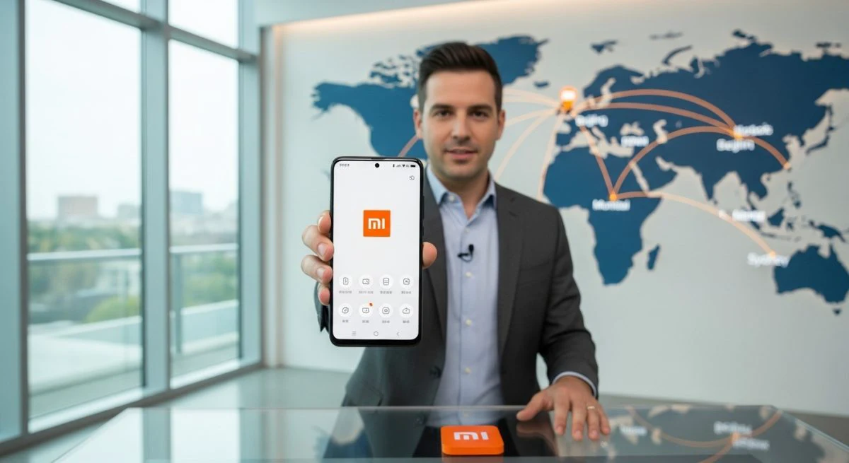Presentador muestra teléfono Xiaomi con Mi Home y logo Mi