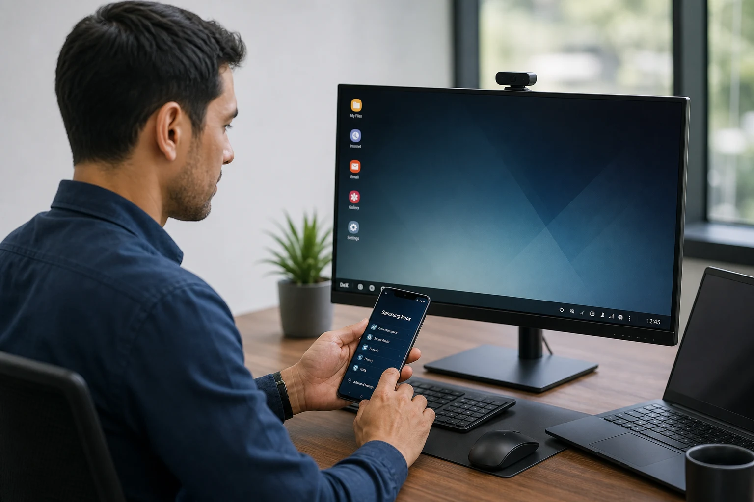 Profesional en monitor y smartphone configura Samsung Knox en escritorio
