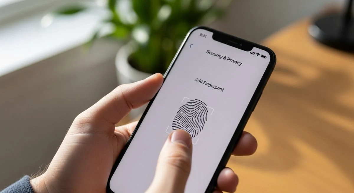 Pulgar sobre pantalla de smartphone en ajustes de seguridad y privacidad