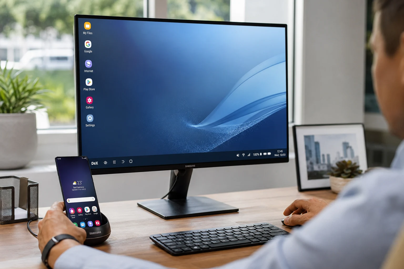 Samsung Galaxy en base junto al monitor mostrando DeX escritorio