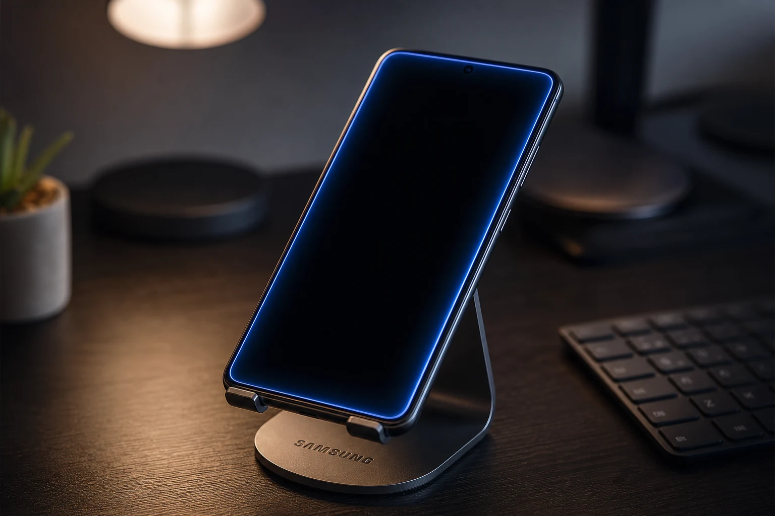 Samsung Galaxy pantalla apagada sobre escritorio con soporte Samsung grabado