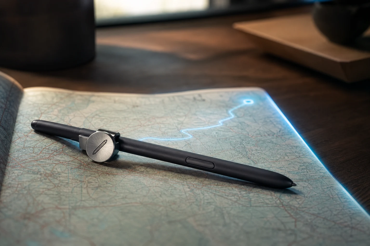 Samsung S Pen sobre mapa abierto en escritorio oscuro logotipo
