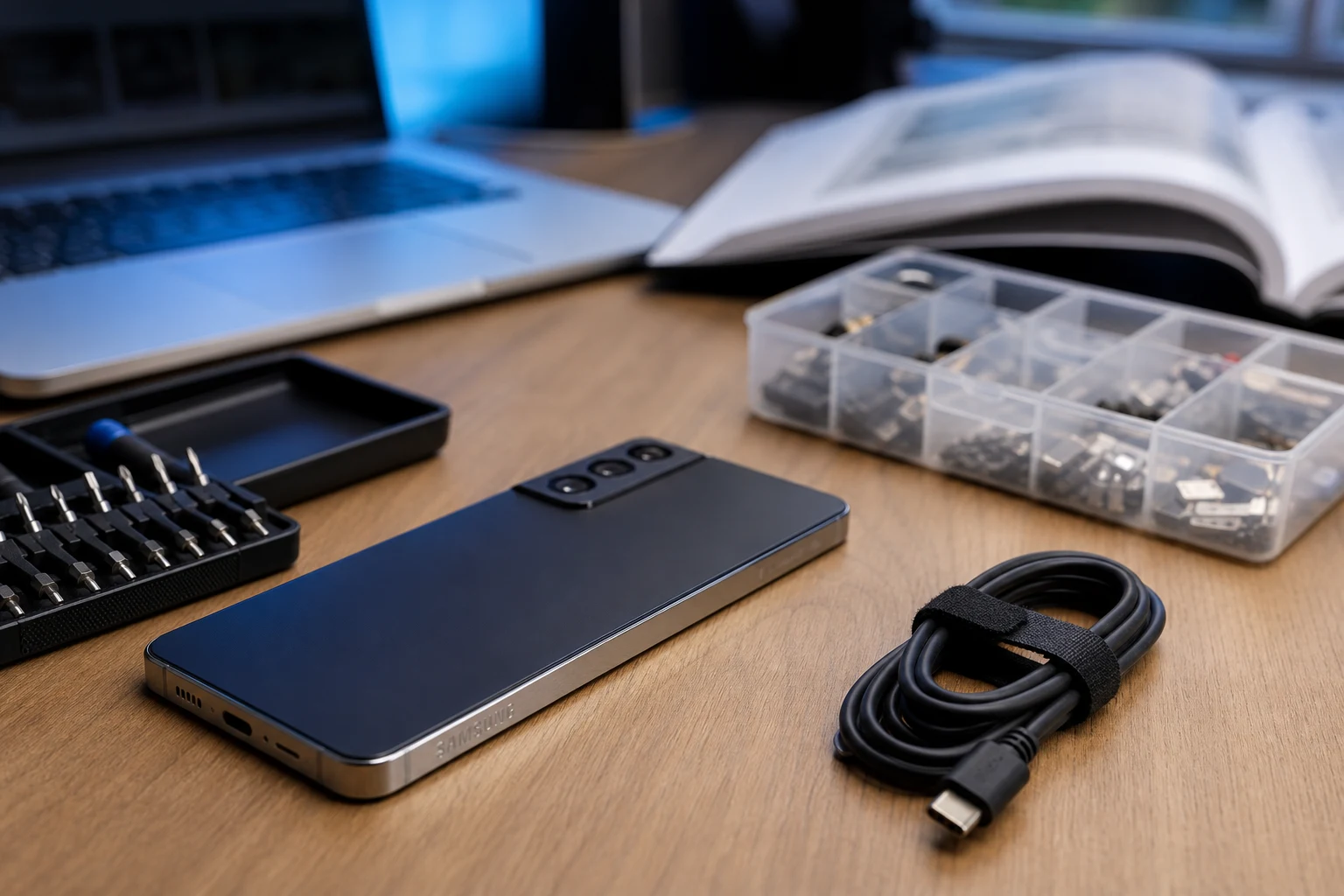 Samsung smartphone junto a kit de herramientas caja de almacenamiento y cable USB organizado