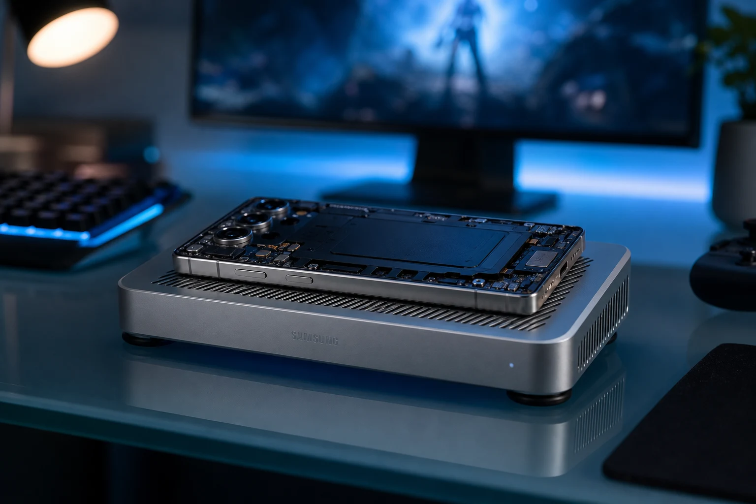 Samsung smartphone sobre base de enfriamiento gaming aluminio logo Samsung