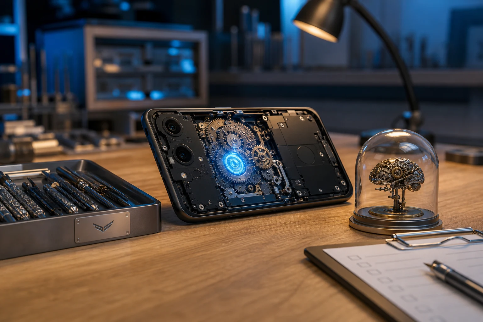 Smartphone Android sobre mesa de madera con engranajes y logo