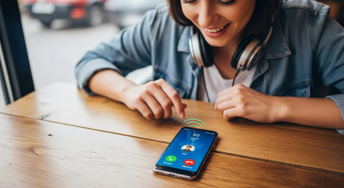 Smartphone Android vibrando en mesa de café con llamada entrante
