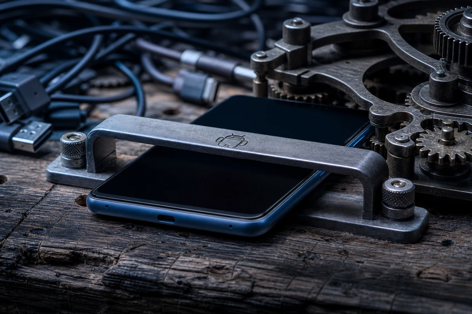 Smartphone en banco de madera con logotipo Android grabado visible