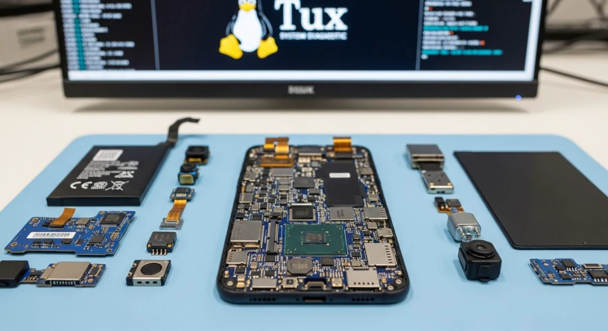 Smartphone moderno desarmado en laboratorio con logo de Linux Tux