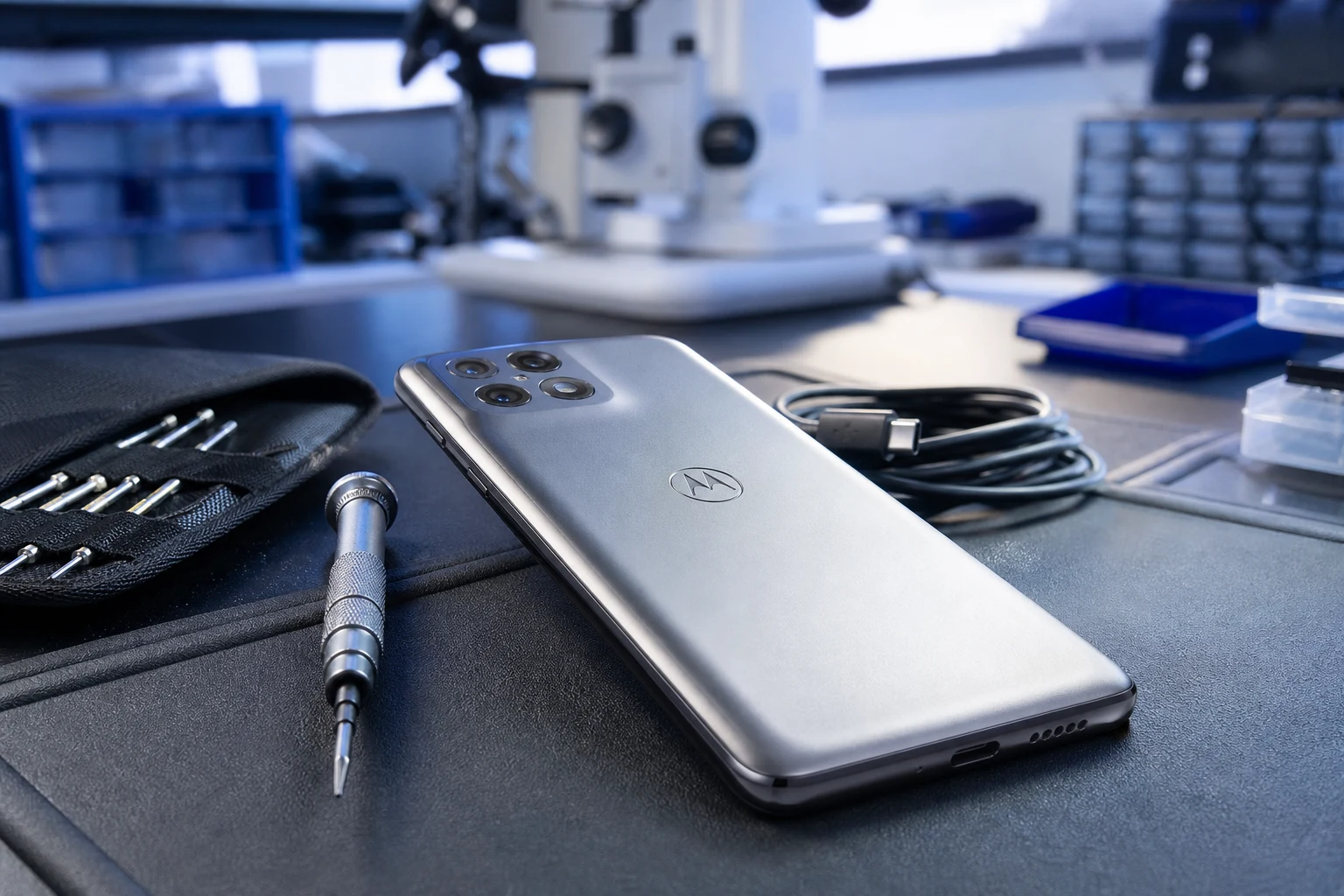 Smartphone Motorola congelado junto a herramientas de reparación y logo grabado