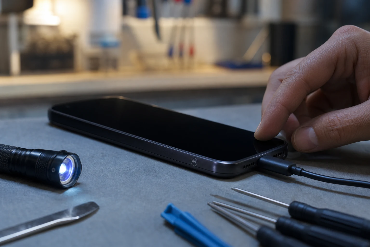 Smartphone Motorola negro junto a cable cargador y herramientas de reparación