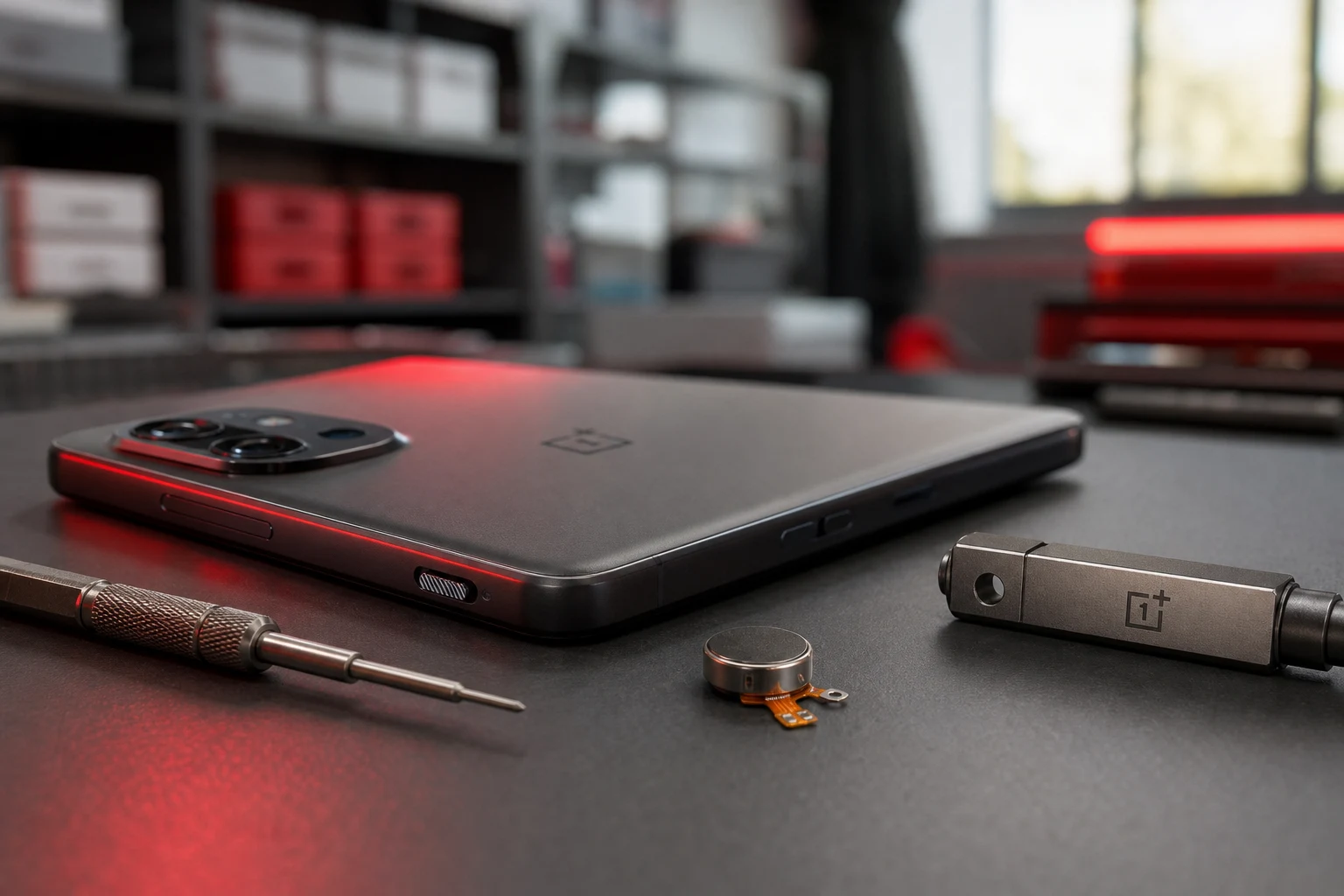 Smartphone OnePlus junto a destornillador motor vibrador y herramienta grabada